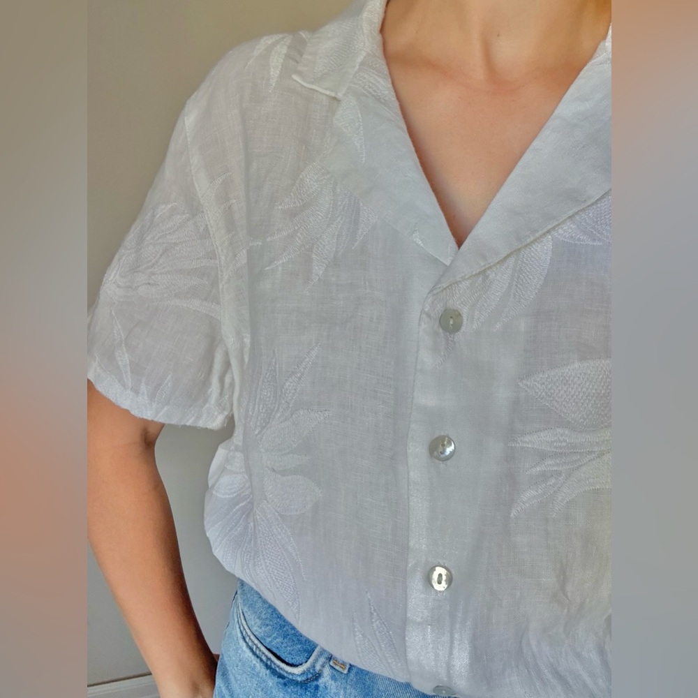 Joie 100% Linen Floral Embroidery White Short Sleeve Button Down Top Large - Picture 2 of 7